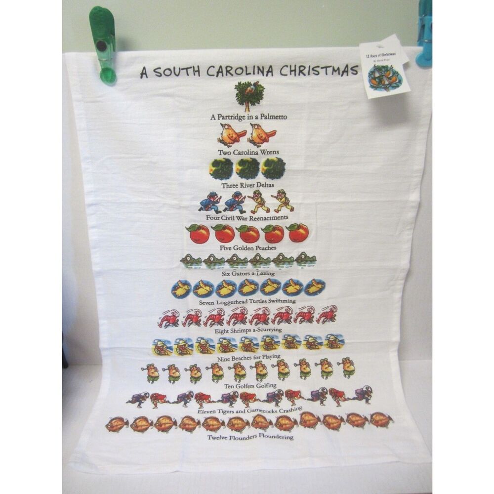 NWT DAVID PRICE WHITE COTTON TEA TOWEL 12 DAYS OF CHRISTMAS IN SOUTH CAROLINA